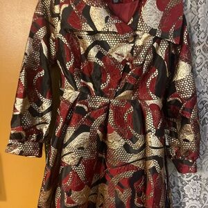 Ashro Red and Black Dress with Notched Collar and Bishop Sleeves